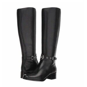 Michael Kors Heather Black Leather Knee High Boots Womens 6 Ankle Strap Logo
